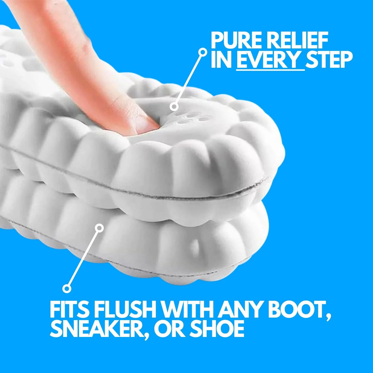 CloudSole insole material compressed by finger, showing soft cushioned foam